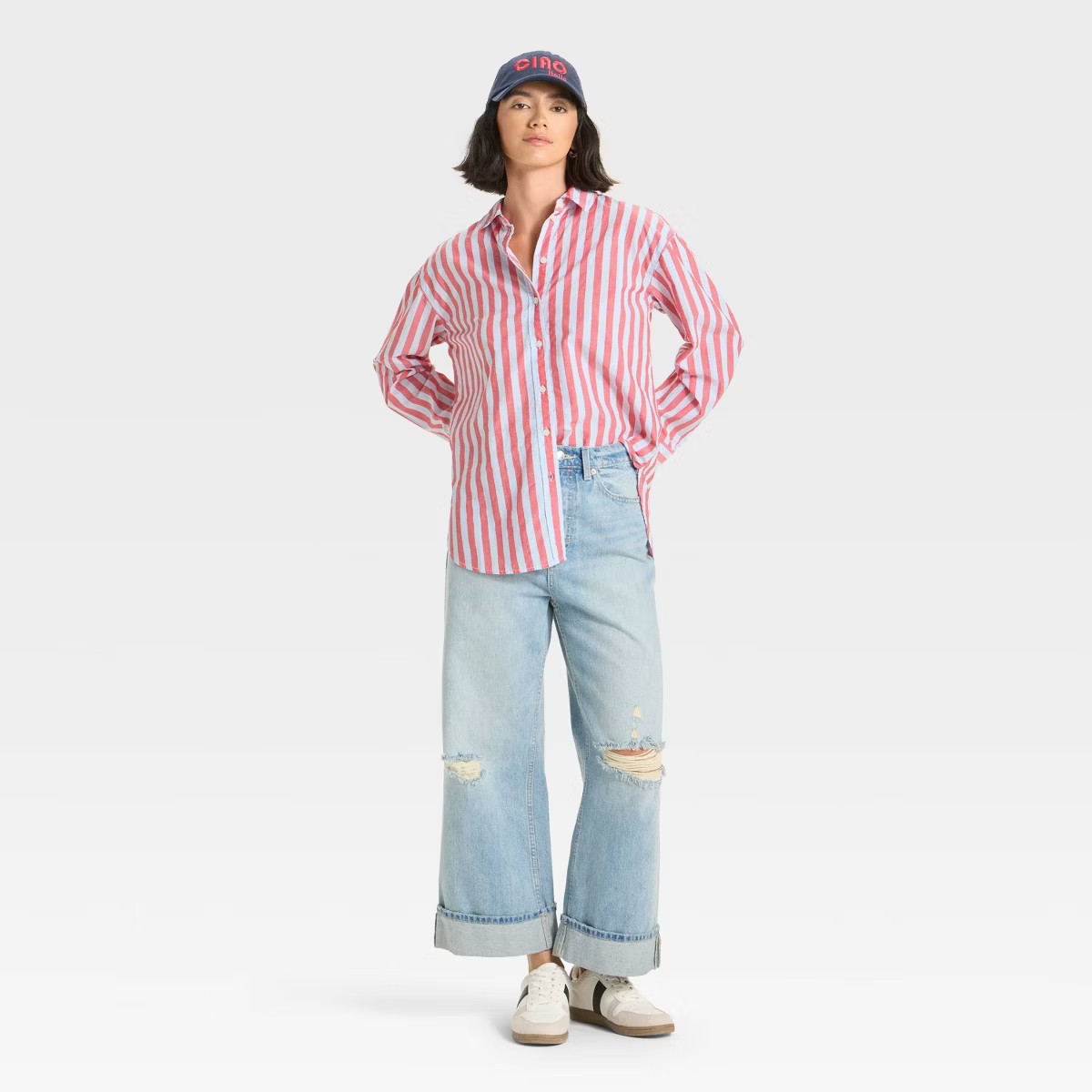 Women's Oversized Long Sleeve Collared Button-Front Shirt - Universal Thread™ Red Striped | Target