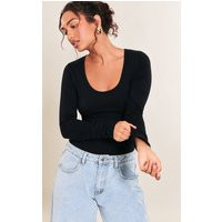 Black Cotton Scoop Neck Long Sleeve Bodysuit | PrettyLittleThing US