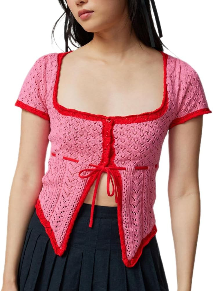 Women Sexy Knit Vest 2024 Summer Y2k Crochet Vest E-Girl Tie Up Front Sleeveless Crop Tops Cute H... | Amazon (US)