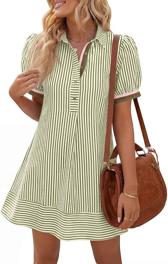 Wenrine Womens Summer Striped Mini Dresses Puff Short Sleeve Loose Fit Casual Button Collared Shi... | Amazon (US)