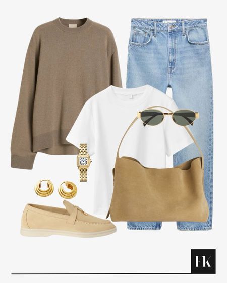 Neutral beige outfit, beige jumper, blue jeans and white tee, loafers and tan bag, gold jewellery

#LTKitbag #LTKSeasonal #LTKstyletip