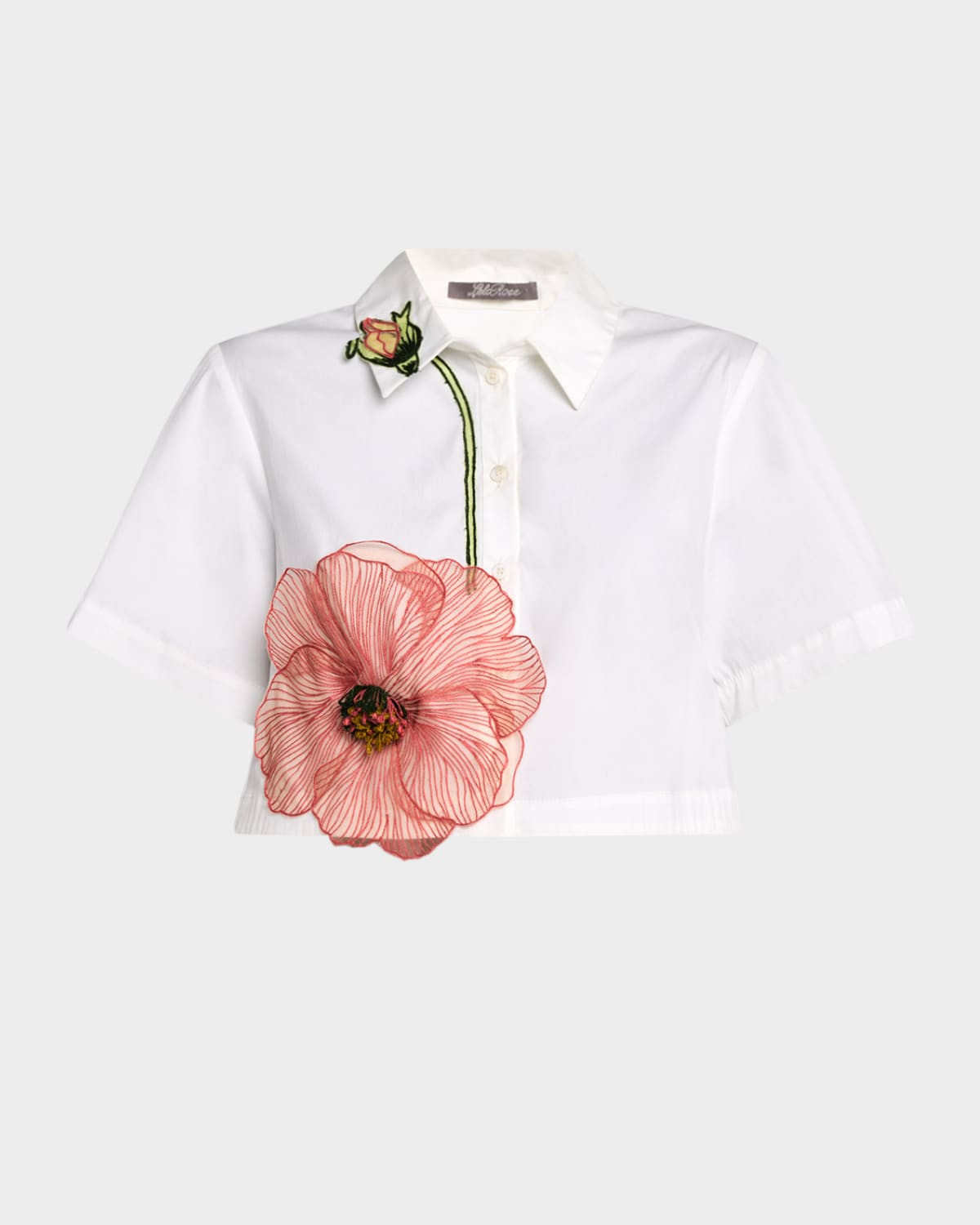 Peony Embroidered Crop Button-Down Shirt | Neiman Marcus
