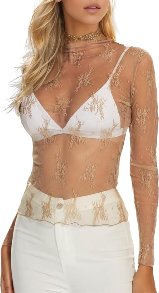 materasu Women's Long Sleeve Mesh Top Mock Neck Sheer Blouse See Through Floral Lace Tops | Amazon (US)