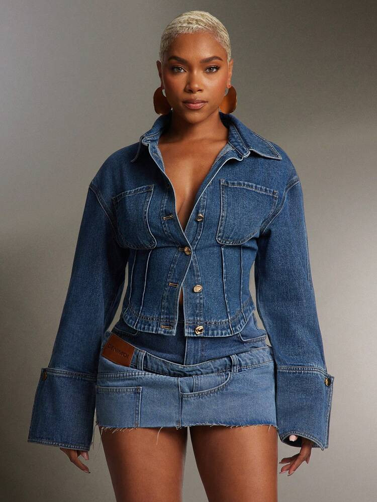 Denimoi Cinched Waist Exaggerated Cuffs Collared Denim Shirt | SHEIN