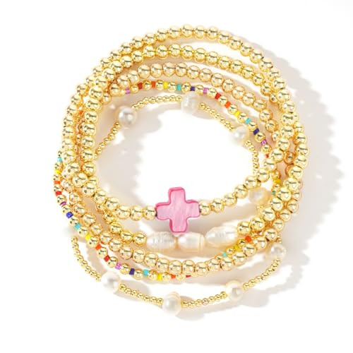 SHINUS BOHO 14K Gold Pearl Beaded Cross Bracelets Stack Set for Women,Stretch Pink Beads Ball Jewelry Friendship Summer Vacation Outfit Trendy Stocking Stuff Birthday Gift | Amazon (US)