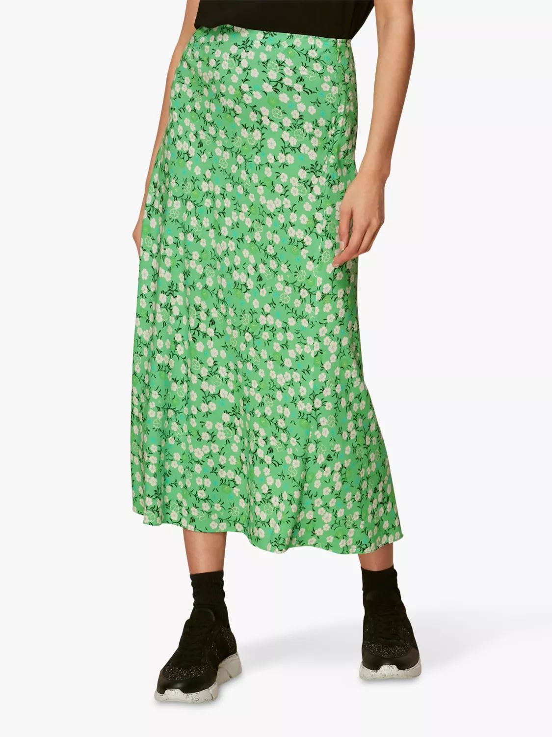 Whistles Cherry Blossom Print Midi Skirt, Green | John Lewis (UK)