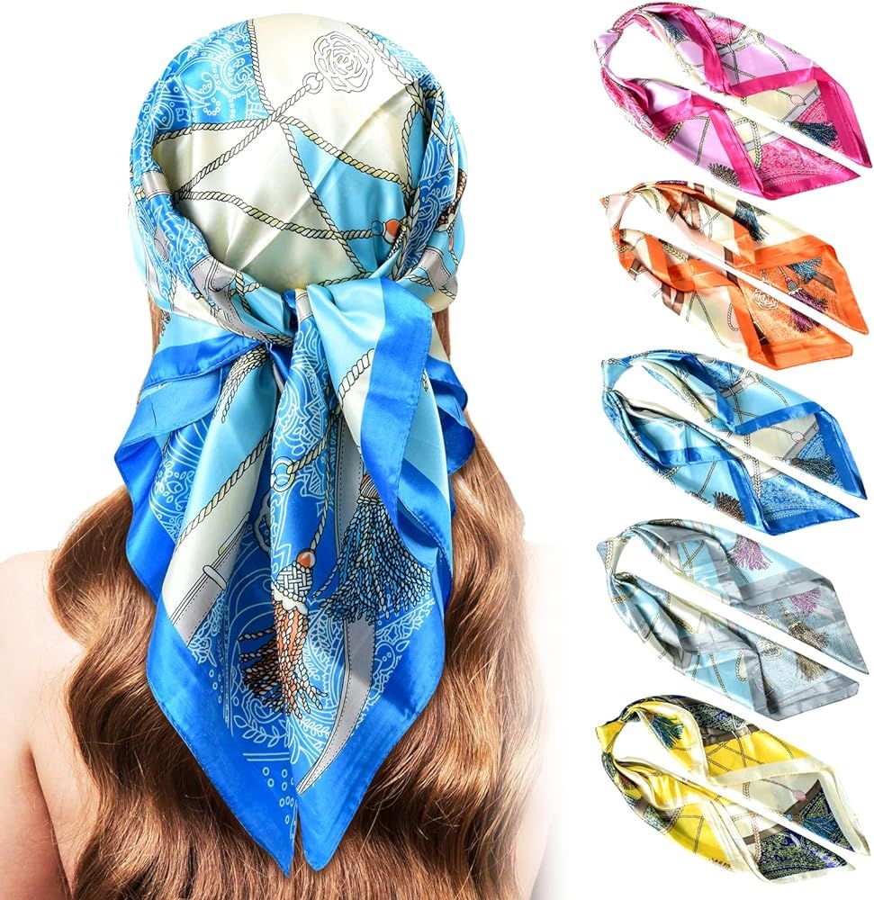 35"Satin Large Head Scarf for Women - 4PCS Square Silk Like Neck Scarf Hair Sleeping Wraps Lightw... | Amazon (US)