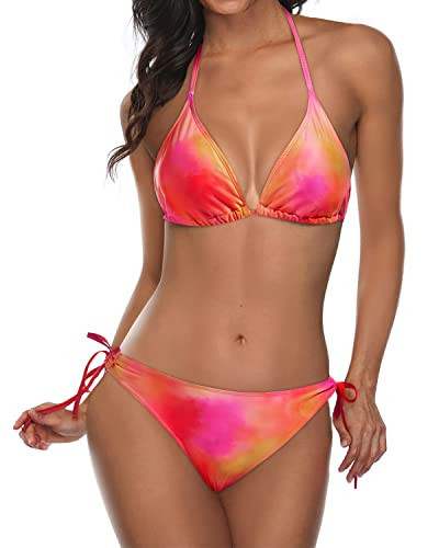 Tempt Me Women Orange Tie Dye Triangle Bikini Sets Halter Two Piece Sexy Swimsuit String Tie Side Bathing Suit L | Amazon (US)