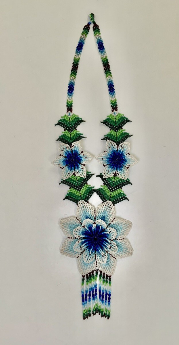 Vintage Huichol Seed Bead Blue Flowers And Leaves Necklace | eBay US