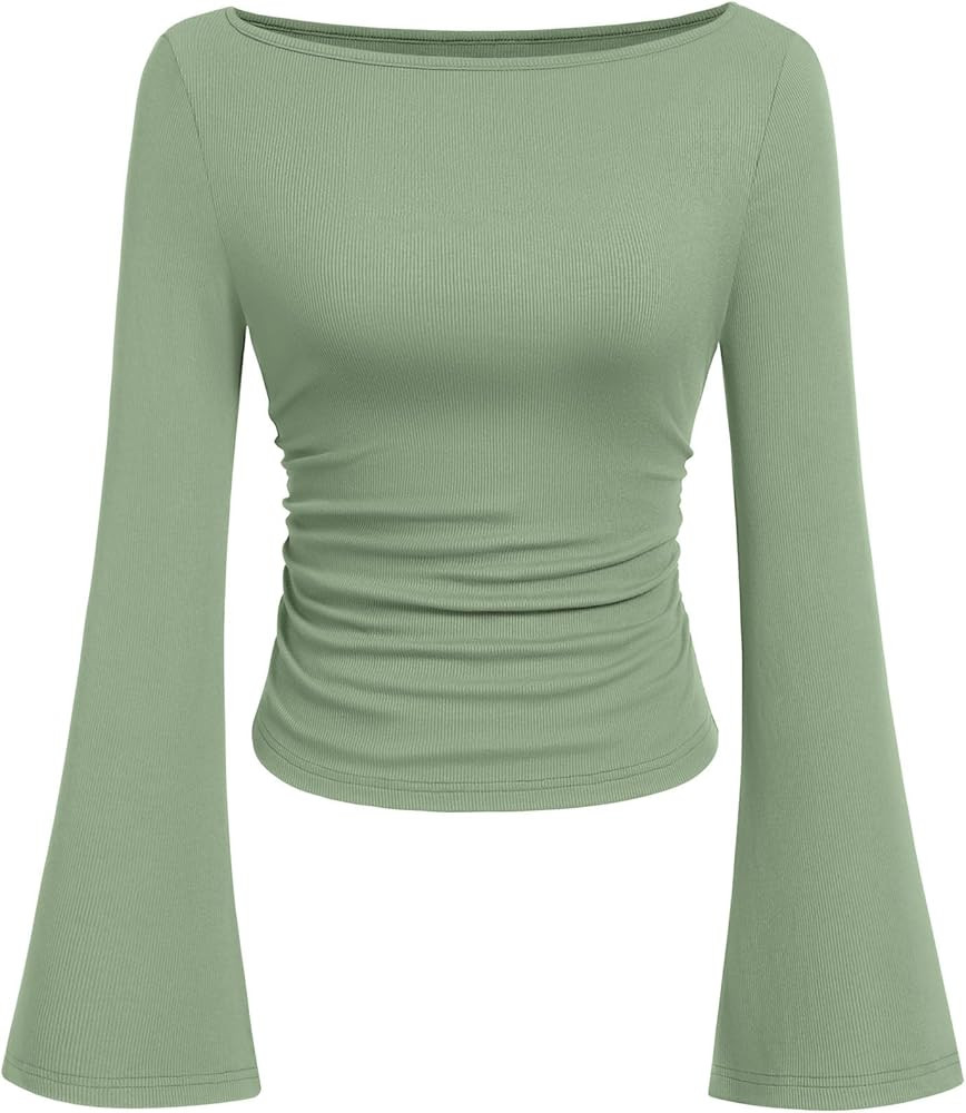 PRETTYGARDEN Womens Long Sleeve Shirts 2026 Spring Crop Going Out Tops Casual Boat Neck Bell Slee... | Amazon (US)