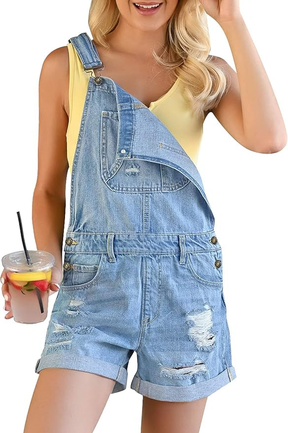GRAPENT Women's Ripped Denim Shortalls Adjustable Straps Bib Overall Jean Shorts | Amazon (US)