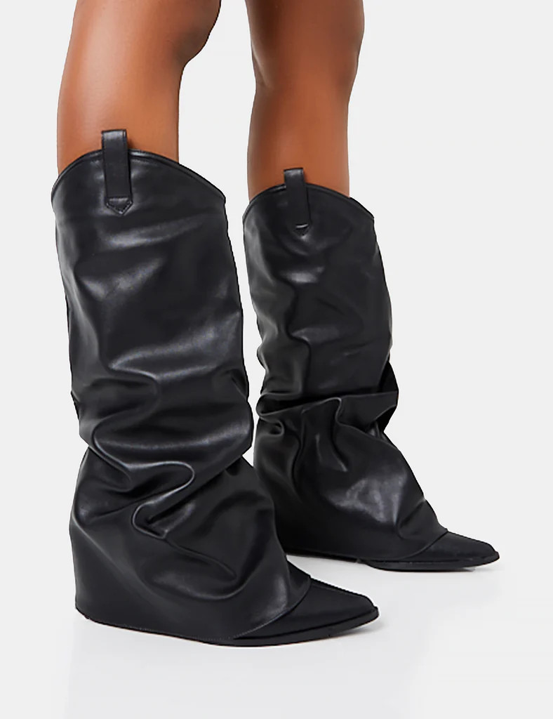 Sheriff Black Pu Western Inspired Fold Over Pointed Toe Block Heeled Cowboy Knee High Boots | Public Desire