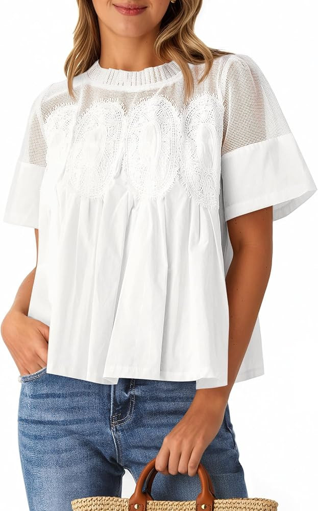 Cicy Bell Womens Babydoll Lace Blouses Short Sleeve Ruffle Crew Neck Peplum Tops Dressy Casual Lo... | Amazon (US)
