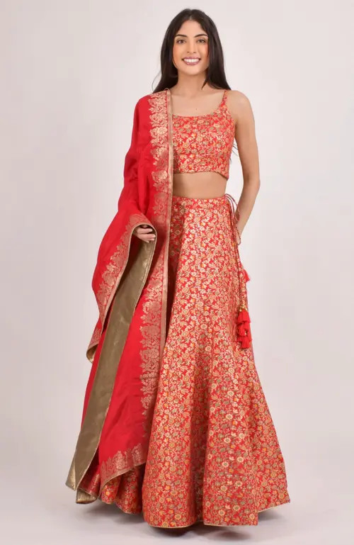 RAAS Flanna Banarasi Jacquard Lehenga Choli Set in Red at Nordstrom, Size Large | Nordstrom