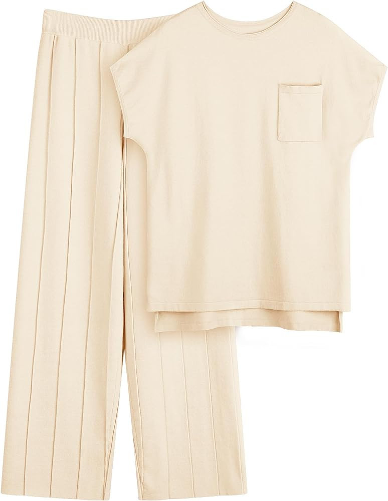 Kenaque Women's 2 Piece Lounge Set Comfy Sweater Sets Knit Pullover Tops Wide Leg Pants Trendy Outfits Loungewear | Amazon (US)