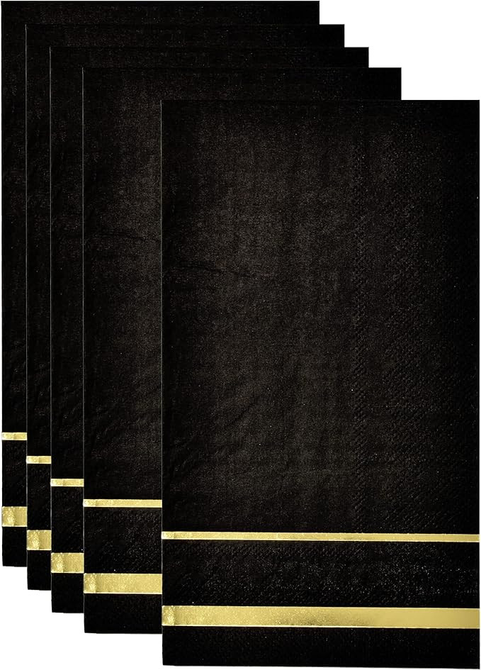 100 Gold Trim Lined Black Guest Napkins Disposable Paper Pack Elegant Dinner Hand Napkin for Bath... | Amazon (US)