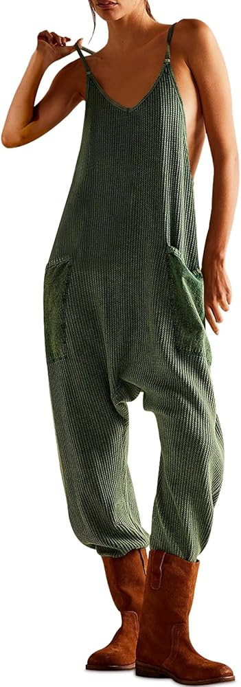 morhuduck Women's Sleeveless Jumpsuits Casual Waffle Knit Rompers V Neck Loose Overalls Spaghetti... | Amazon (US)