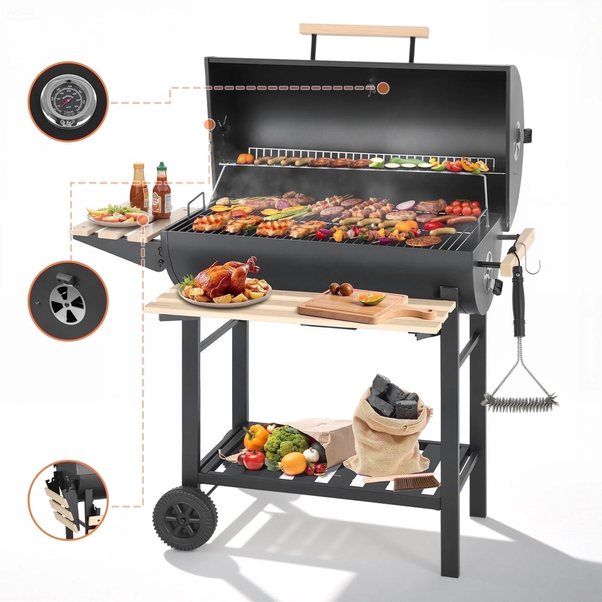 Charcoal Grill Outdoor Barrel Grill, 30 inch BBQ Grill with Warming Rack & Foldable Side Shelf, O... | Walmart (US)
