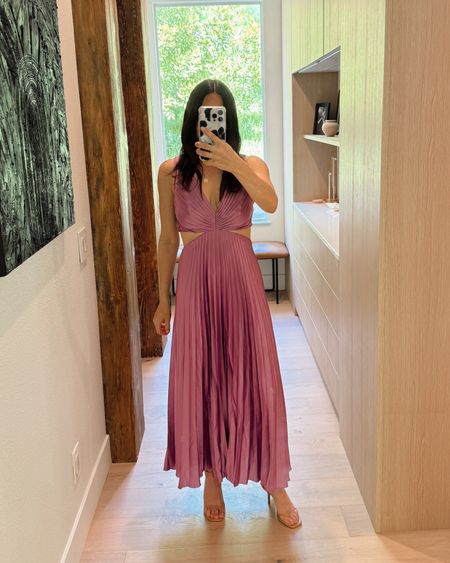 Cutout pleated maxi dress perfect for a spring or summer wedding. Comes in 11 different colors/prints. This is the purple color. If you need a dress where the dress code is jewel tones - this is perfect! Runs TTS. I’m wearing a Small. Currently 20% off with code AFLTK at checkout! 🎉

#LTKwedding #LTKSpringSale