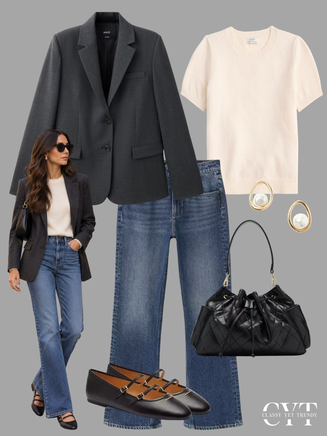 
6 outfits with a blazer and jeans ✔️ Which outfit is your favorite? black blazer, houndstooth, plaid, charcoal gray, navy, stripes, tee, sweater, black wash, medium wash, jeans, straight leg, wide leg, trouser, sneakers, mary jane, loafers, ballet flats #charcoalgray #autumnstyle #outfitinspiration #blazerstyle #maryjanes 

 
