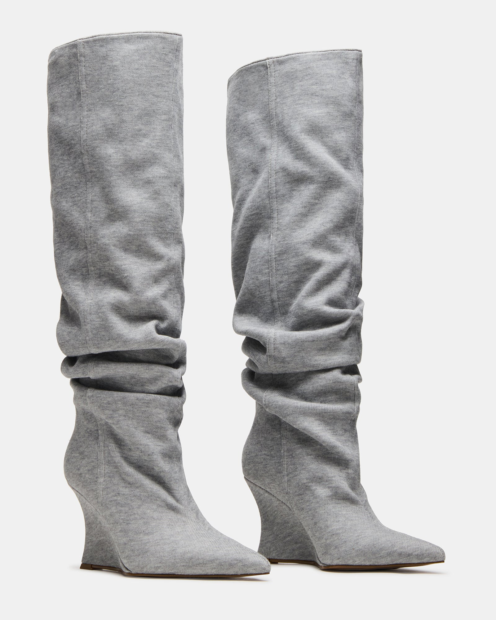 DISTORTION Grey Fabric Pointed-Toe Scrunched Knee-High Wedge Women's Boot | Steve Madden (US)