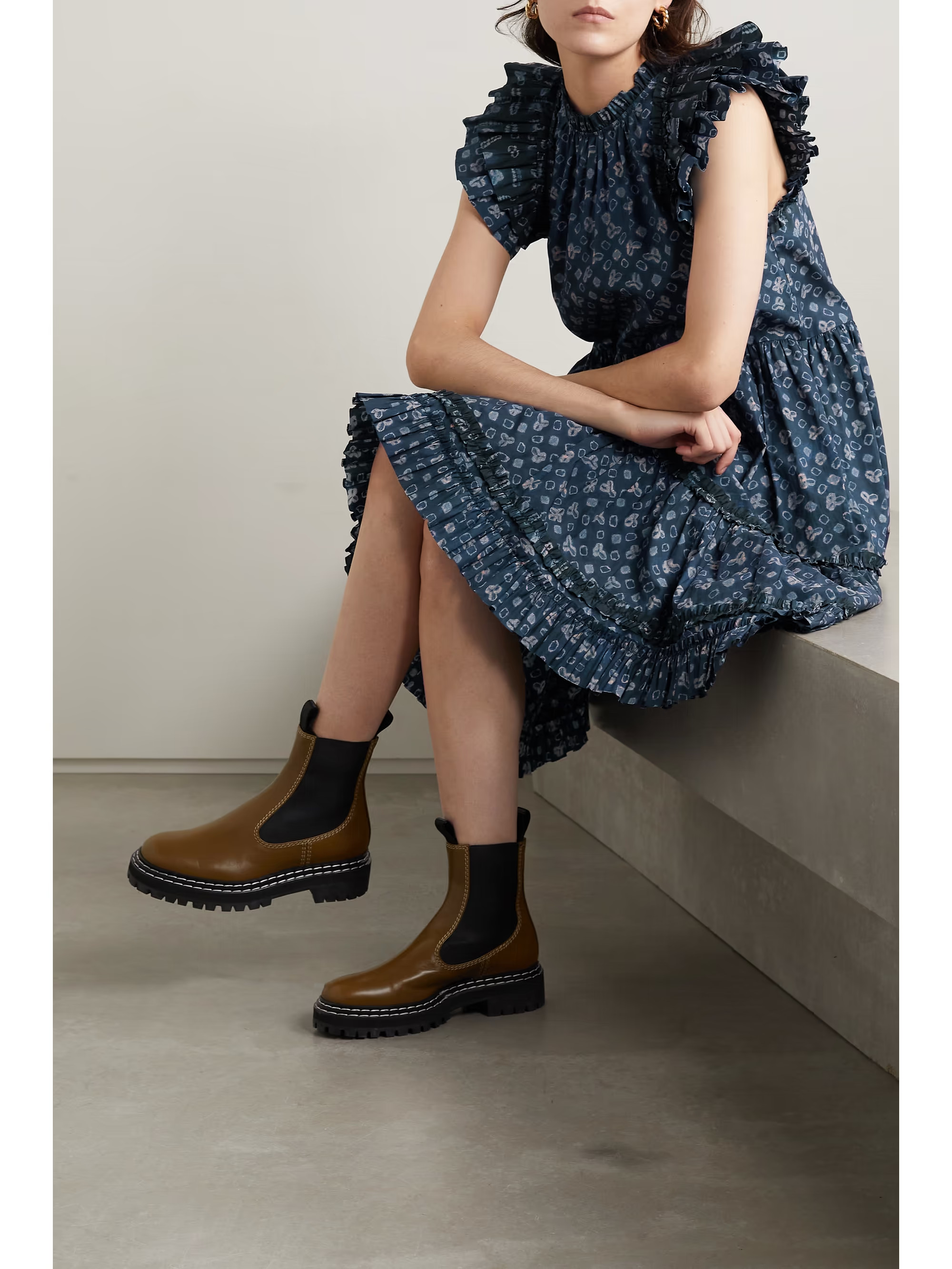 Navy Joan ruffled printed cotton-poplin mini dress | ULLA JOHNSON | NET-A-PORTER | NET-A-PORTER (US)