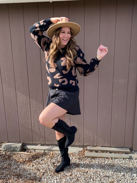 Cute date night outfit! Wide leg shorts withe a cute animal print sweater, rhinestone cowboy boots, and cute boho hat! 

#LTKstyletip #LTKFind #LTKunder50