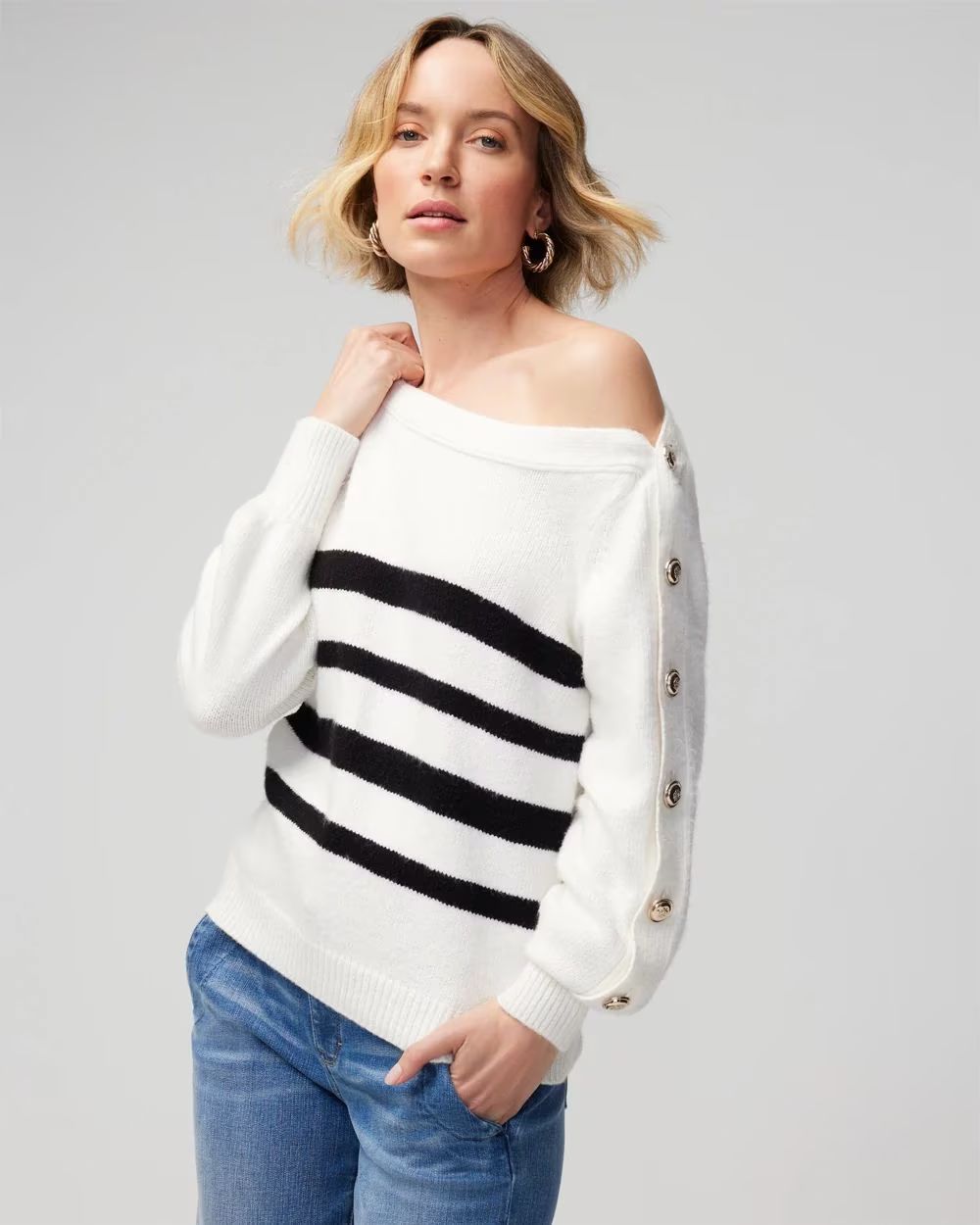 Stripe Asymmetrical Button Pullover Sweater | White House Black Market