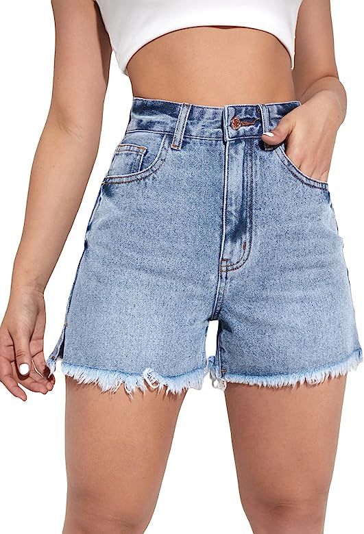 MakeMeChic Women's Jean Shorts High Waisted Frayed Hem Split Denim Shorts | Amazon (US)