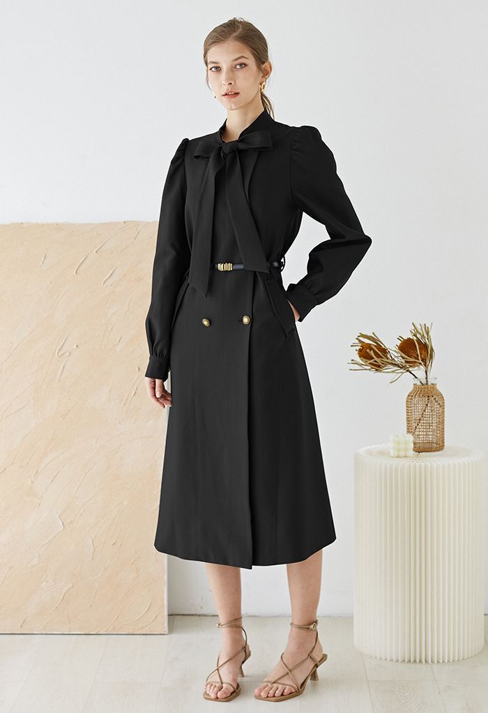 Exquisite Bowknot Double-Breasted Belted Coat in Black | Chicwish
