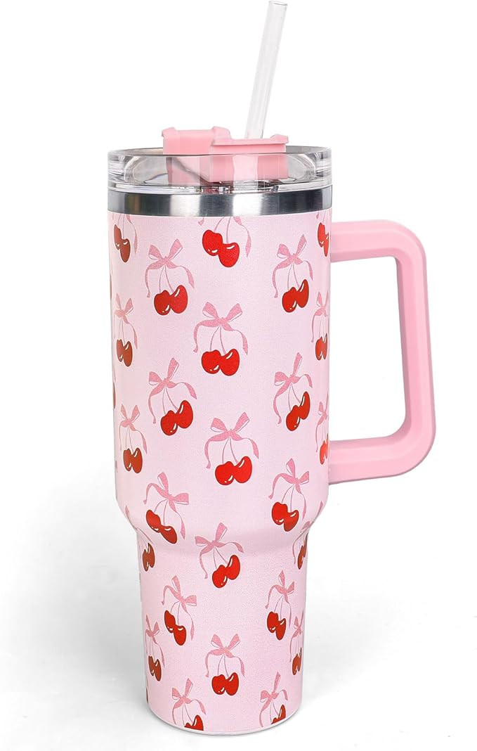 Whaline 40oz Pink Bow Cherry Tumbler with Handle Straw and Lid Coquette Bowknot Cherries Travel T... | Amazon (US)