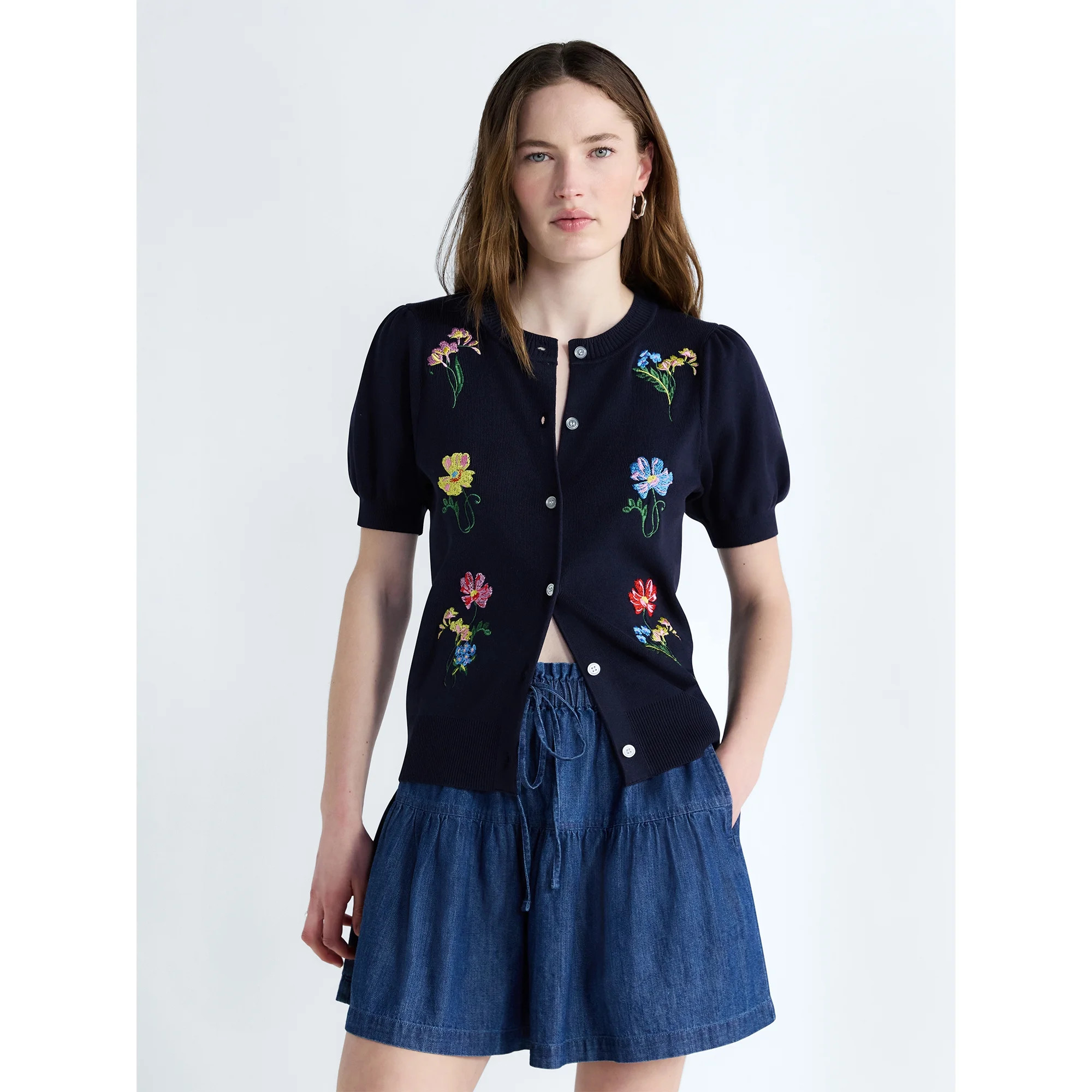 Free Assembly Women's and Women's Plus Embroidered Cardigan Sweater with Puff Sleeves, Lightweigh... | Walmart (US)