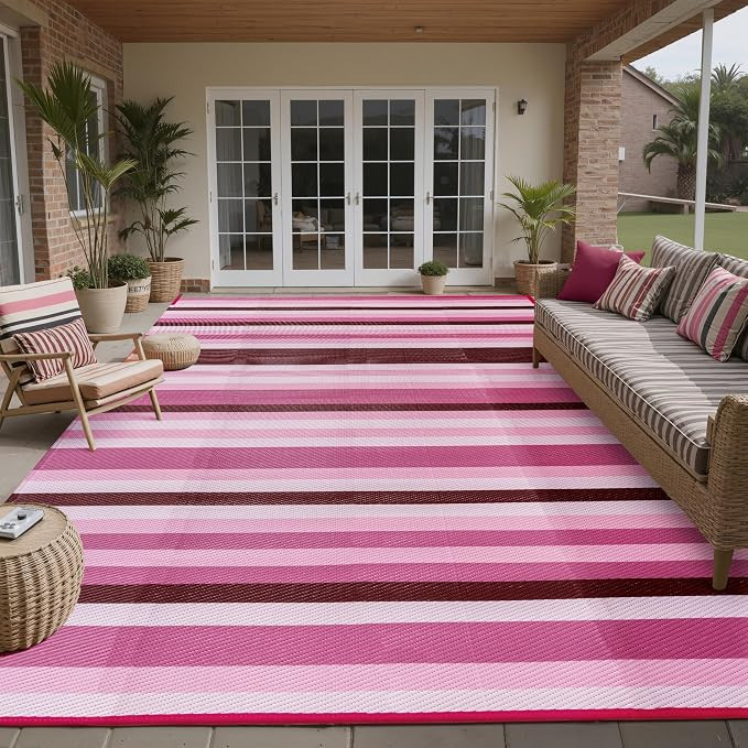 Outdoor Waterproof Rug 8'x10' Plastic Straw Rugs Washable Reversible Floor Mat Pink Stripe Carpet... | Amazon (US)