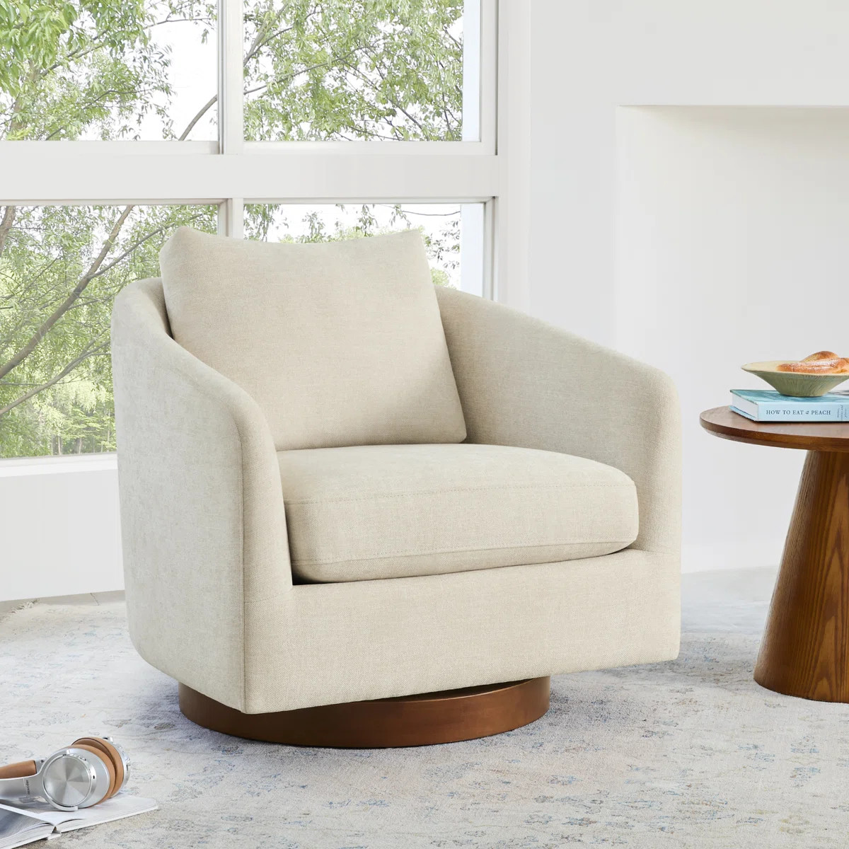 Linen Swivel Accent Chair with Solid Wood Base | Wayfair North America
