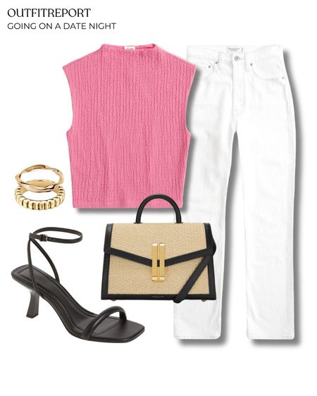 Pink knit top white denim jeans black heeled sandals straw handbag gold rings 

#LTKbag #LTKstyletip #LTKshoes