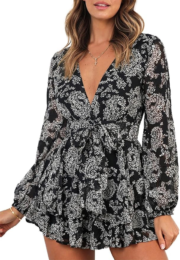 Relipop Women's Jumpsuit Floral Print V Neck Baggy Sleeve Waist Tie Double Layer Ruffle Hem Short... | Amazon (US)