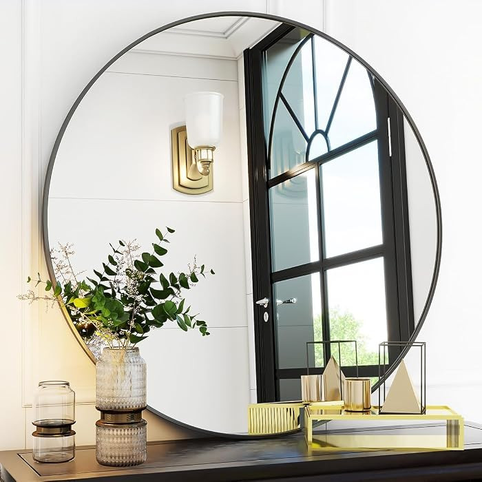 Black Round Bathroom Mirror 30", Thin Metal Frame Wall Mirror | Amazon (US)