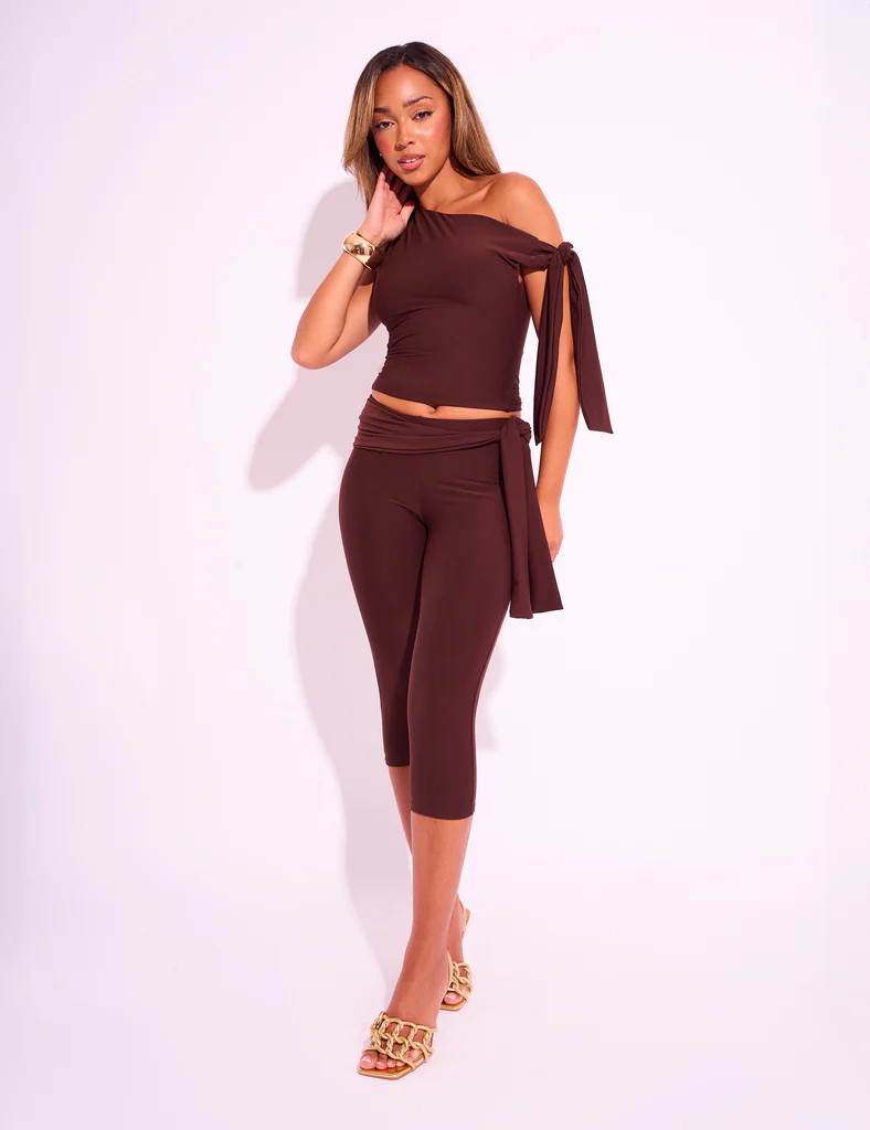 Knot Detail Tie Side Luxe Slinky Capri Pants Chocolate | Public Desire