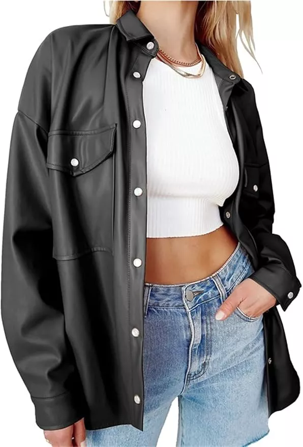 FERNGIRL Womens Button Front Faux PU Leather Jacket Shacket Casual Shirt  Long Sleeve Blazer Coat with Bust Pocket at  Women's Coats Shop