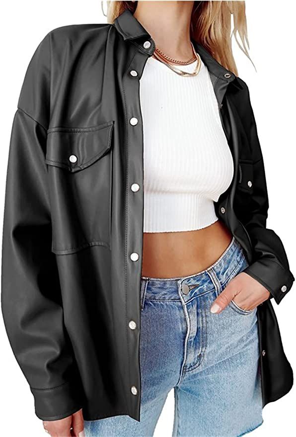 SeekMe Women's PU Leather Jacket Shacket Button Down Lapel Blazer Coat with Bust Pocket | Amazon (US)