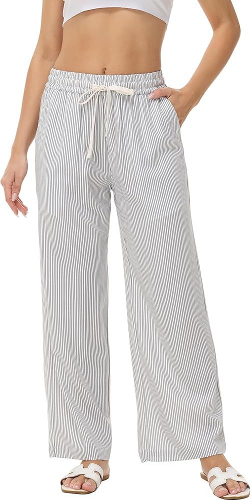 MCEDAR Linen Blend Pants for Women High Waisted Wide Leg Striped Drawstring Beach Pants with Pock... | Amazon (US)