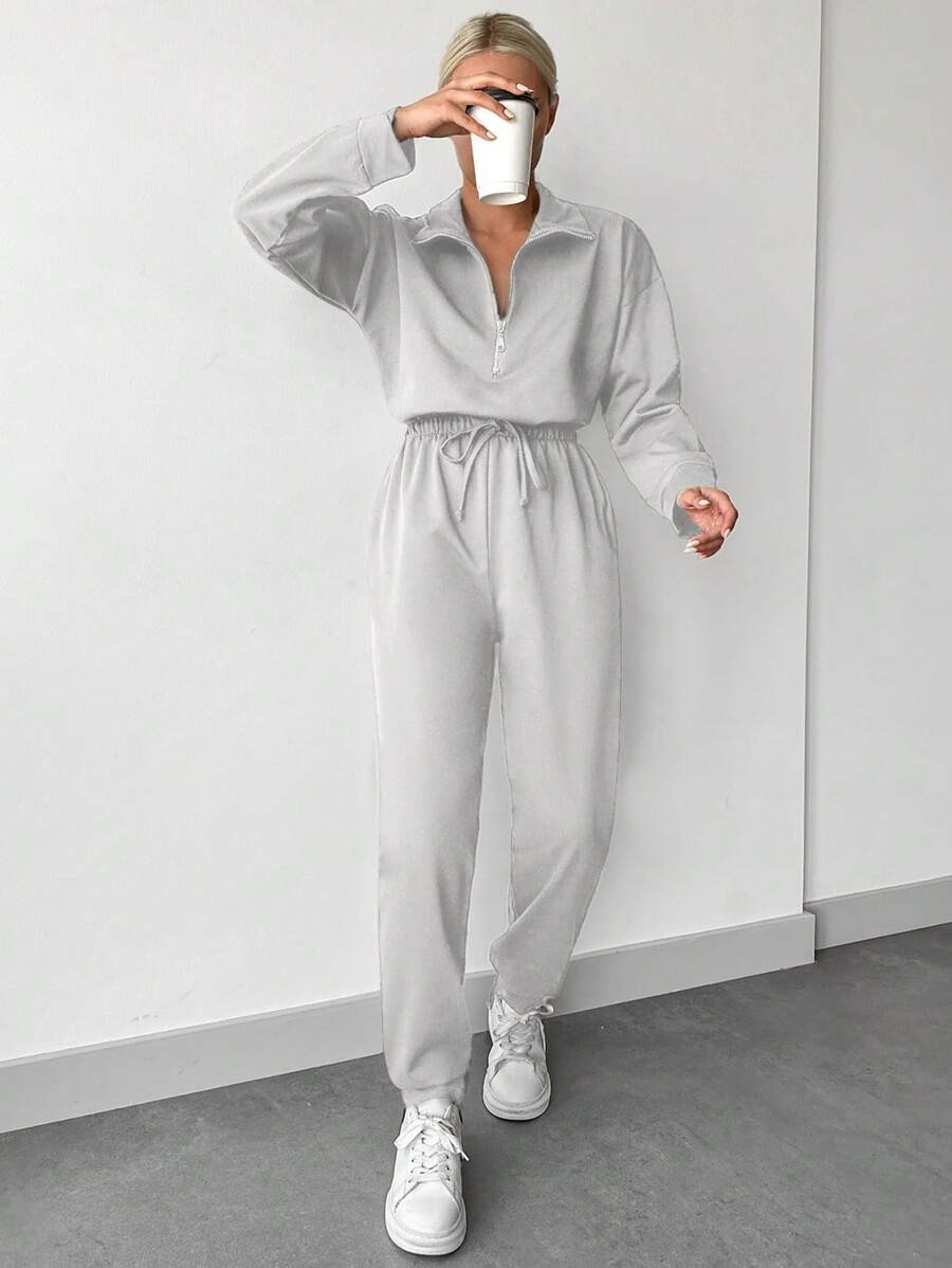Cottnline Drop Shoulder Half Zip Placket Sweatshirt & Sweatpants | SHEIN