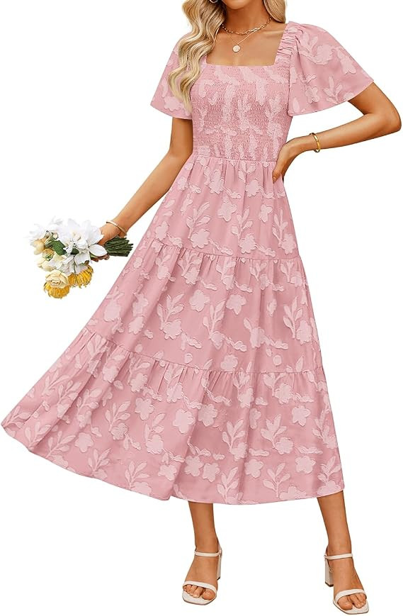 ZESICA Women‘s Summer Boho Floral Midi Dress 2025 Casual Short Sleeve Square Neck Flowy Beach V... | Amazon (US)
