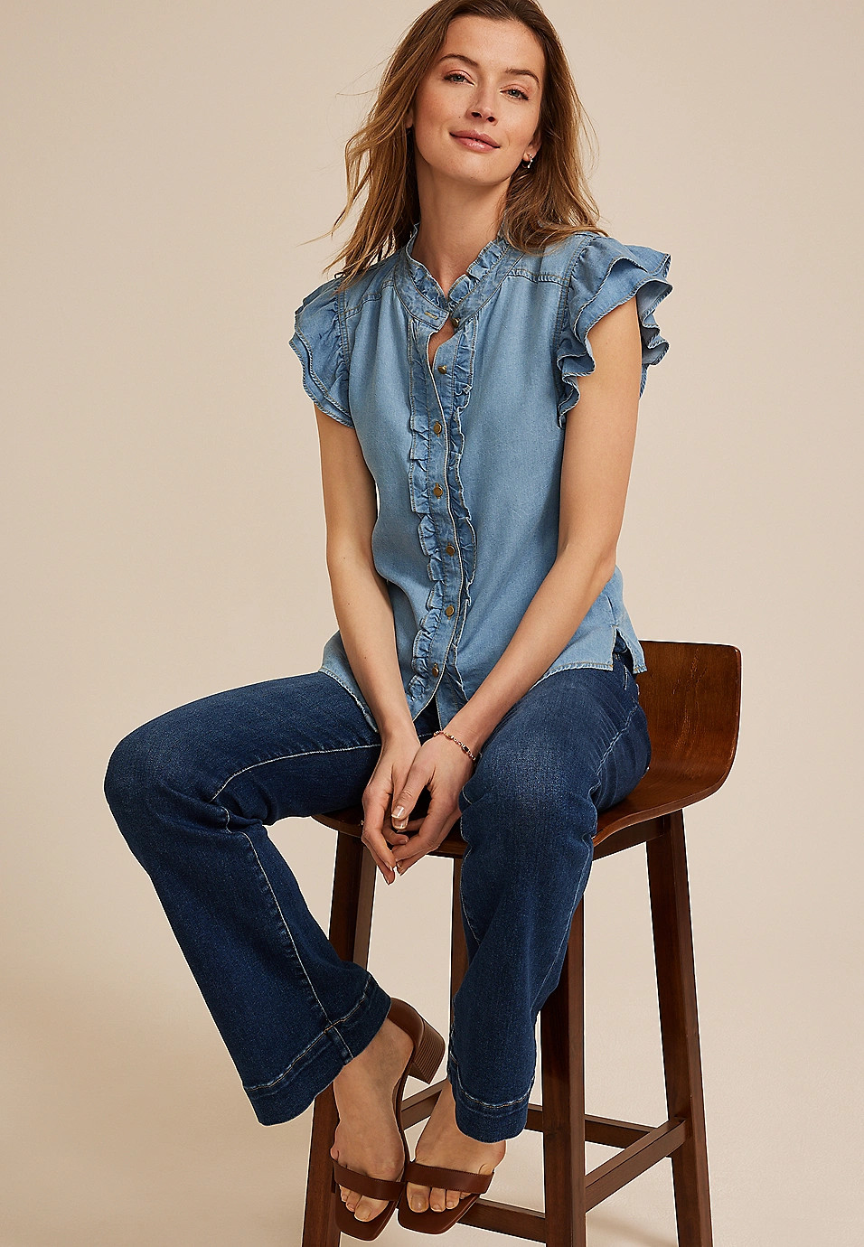Denim Ruffle Trim Top | Maurices