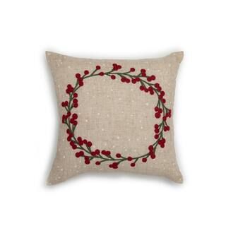 14 in. x 14 in. Holly Berry Branch Crewel Embroidered Christmas Pillow | The Home Depot