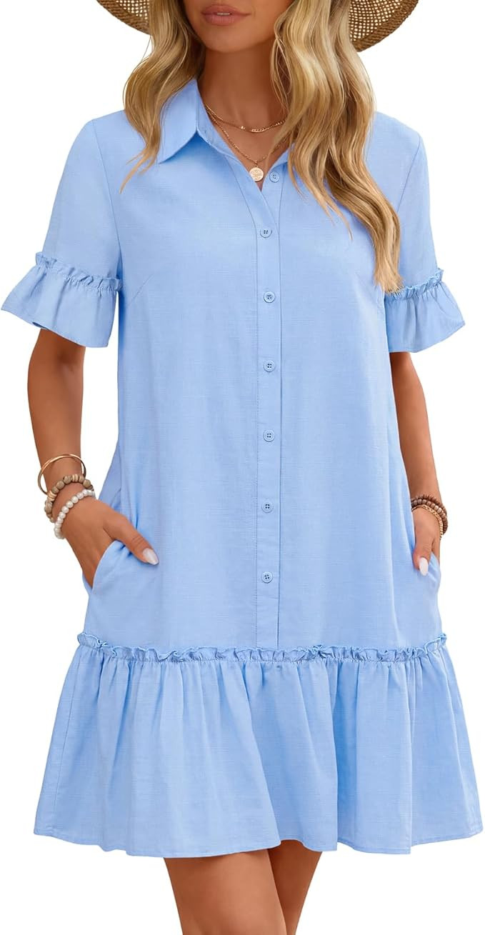 MEROKEETY Women's 2026 Summer Casual Shirt Dress Button Down Ruffle Sleeve Shift Mini Dresses wit... | Amazon (US)