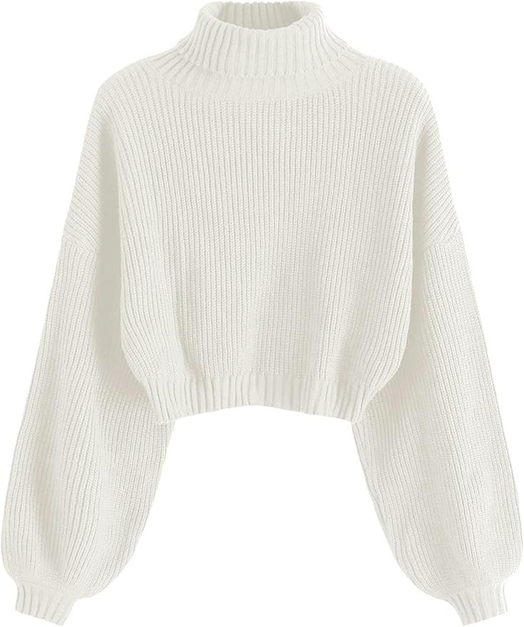 ZAFUL Women's Cropped Turtleneck Sweater Lantern Sleeve Ribbed Knit Pullover Sweater Jumper | Amazon (US)