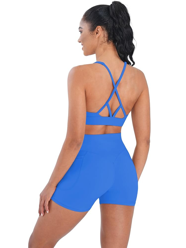 Sunzel V Neck Strappy Sports Bras for Women Criss Cross Back Halter Yoga Bra Removable Cups Padde... | Amazon (US)