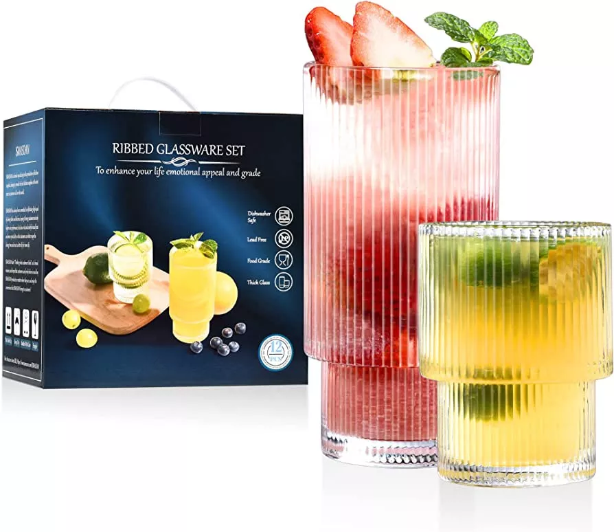 GMISUN Ribbed Glassware, Glass Cups with Lids and Straws, Drinking