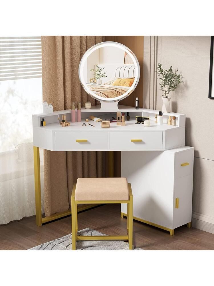 Corner Vanity Set with Lighted Mirror, Makeup Dressing Table with Drawers, Cabinet and Cushioned ... | SHEIN